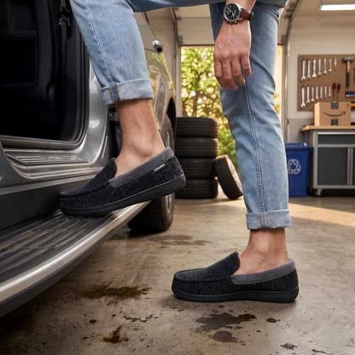 ULTRAIDEAS Men's Moc-Toe Slippers Loafer House Shoes Indoor Outdoor Memory Foam with Breathable&Warm Knit Upper, Black, 11 US - Image 4