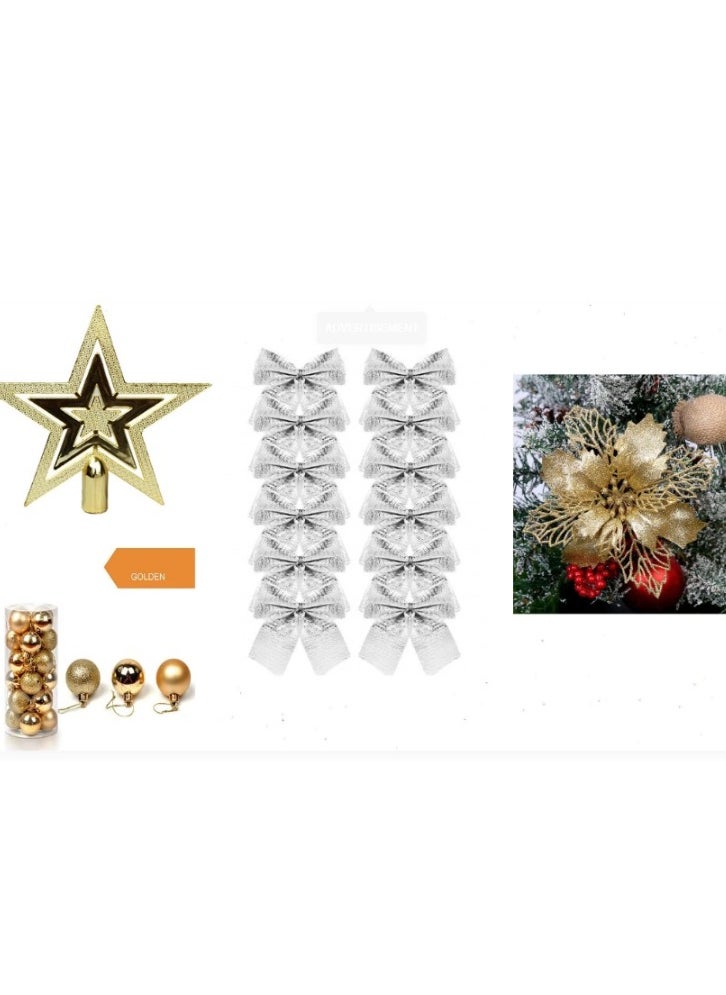ACLIX Christmas Decorative Accessories Pack Of Four Christmas Tree Ornaments Decor Included 24 Pcs Of Gold Ball 1 Tree Top Star 12 Pieces Of Bow And 1 Hollow Glitter Flower Gold  - Image 1
