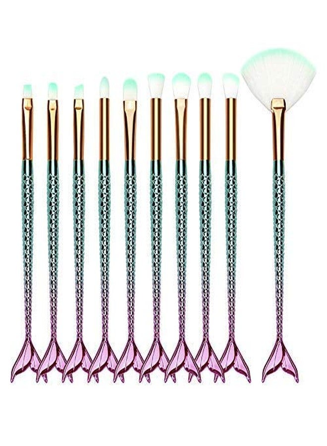 DATNASAYAD Mermaid Synthetic Fiber Eyeliner Eyeshadow Blending Fish Tail Makeup Brushes Set, (10 Pieces Multicolour, Green) - Image 2