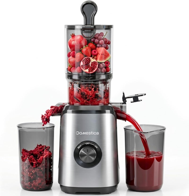 DOMESTICA Dripdrop Masticating Slow Juicer Machine for Whole Fruits Juice Extractor, Cold Press Juicer For Home With 108mm Wide Feed Chute, Large Auger & Triple Strainers (Black) - Image 1