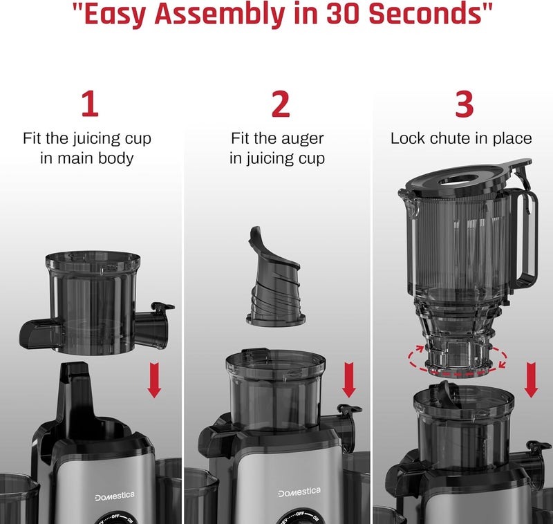 DOMESTICA Dripdrop Masticating Slow Juicer Machine for Whole Fruits Juice Extractor, Cold Press Juicer For Home With 108mm Wide Feed Chute, Large Auger & Triple Strainers (Black) - Image 2
