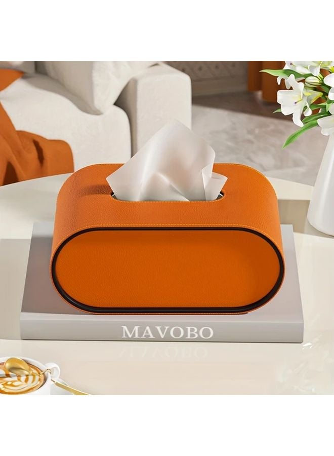 Orange Leather Oval Tissue Box Holder Minimalist Design Living Room Bathroom Decor - Image 3