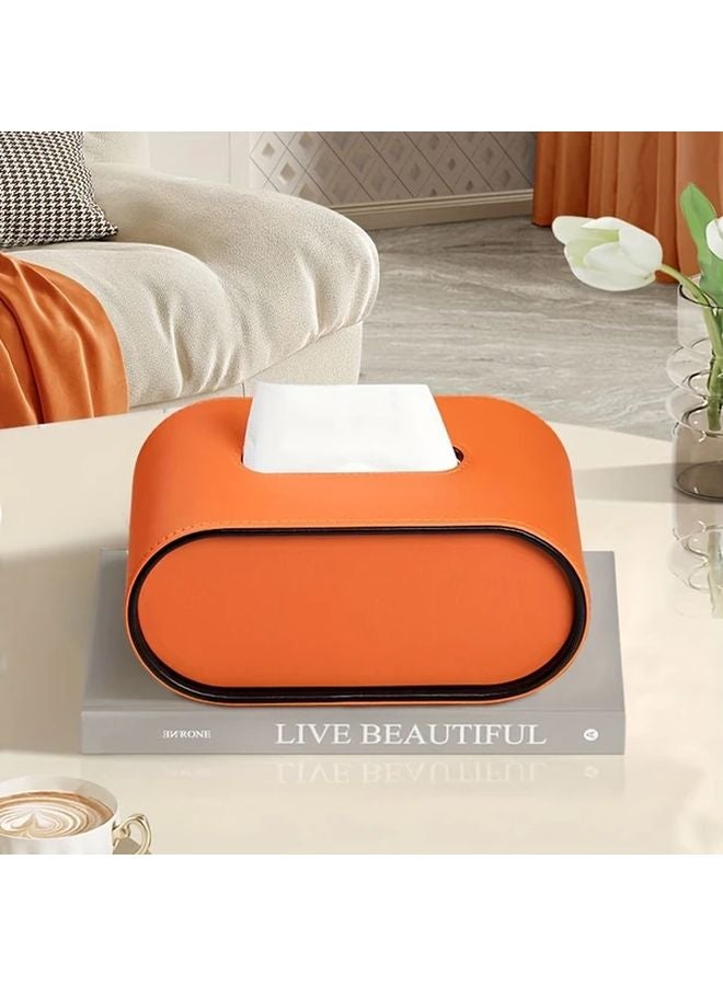 Orange Leather Oval Tissue Box Holder Minimalist Design Living Room Bathroom Decor - Image 5