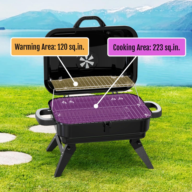 BBQCuker Portable Charcoal Grill with Warming Rack, Small Tabletop Barbecue Grill, Foldable Legs, Adjustable Vent, Total 343 Sq. In.Cooking Space, Outdoor BBQ Grill for Camping and Picnics (Black) - Image 2