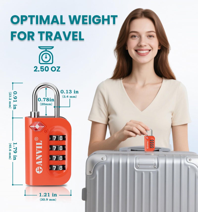 ANVIL TSA Approved Luggage Lock - 4 Digit Combination, 10,000 Combinations, Easy-Read Password Window, Travel Lock for Suitcases, Backpacks, Gym & Student Lockers, Baggage (Orange 2 Pack) - Image 5