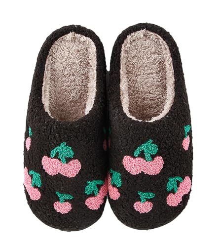 Tellrain Women Slippers Cute Pattern Cherry Warm Soft Bedroom Shoes Fuzzy Closed Toe Sandals Non Slip House Bedroom Slippers - Image 1