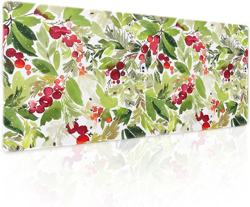 aportt Watercolor Holly Christmas Mouse Pad Green Leaves Red Berry Xmas Extended Large Mat Mousepad Desk Pad Rubber Base Stitched Edge Winter Holiday Long Keyboard Pad for Computer,31.5×11.8 Inch - Image 1