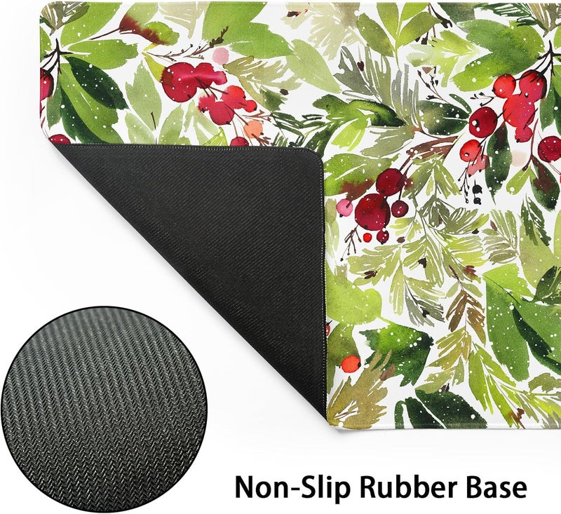aportt Watercolor Holly Christmas Mouse Pad Green Leaves Red Berry Xmas Extended Large Mat Mousepad Desk Pad Rubber Base Stitched Edge Winter Holiday Long Keyboard Pad for Computer,31.5×11.8 Inch - Image 3