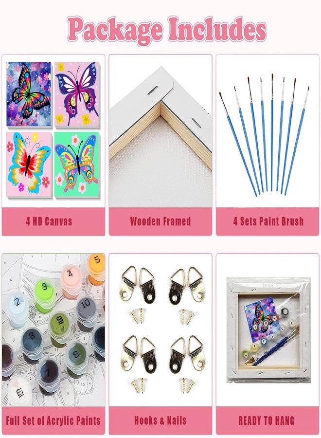 xackcme 4 Pack Butterfly Paint by Number for Kids with Wooden Frame, Paint by Numbers for Kids Butterflies Ages 4-8-12, Easy Painting with Numbers DIY Acrylic Oil Painting Kits for Home Wall Decor (8X8 inch) - Image 4