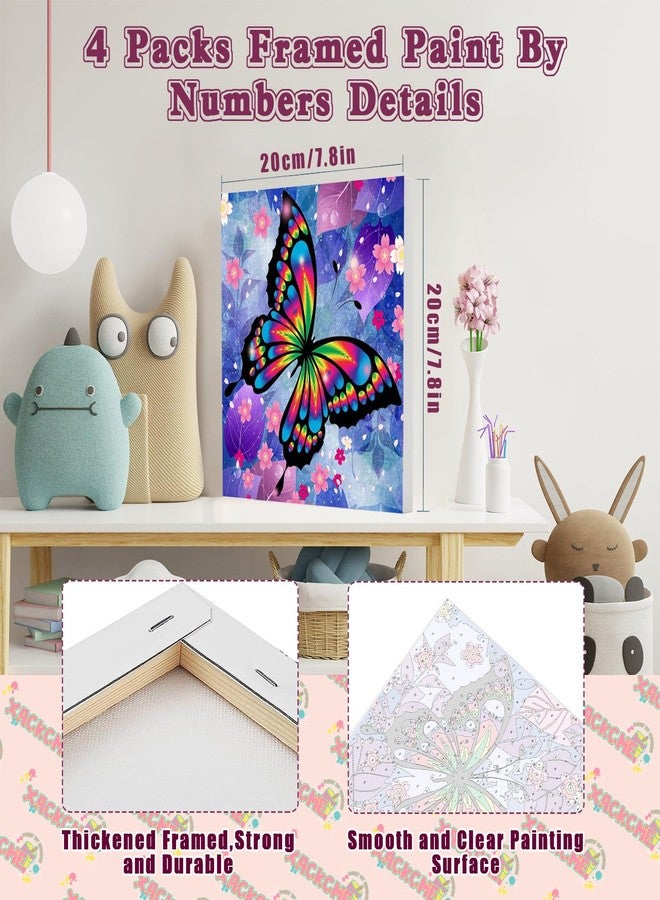 xackcme 4 Pack Butterfly Paint by Number for Kids with Wooden Frame, Paint by Numbers for Kids Butterflies Ages 4-8-12, Easy Painting with Numbers DIY Acrylic Oil Painting Kits for Home Wall Decor (8X8 inch) - Image 2
