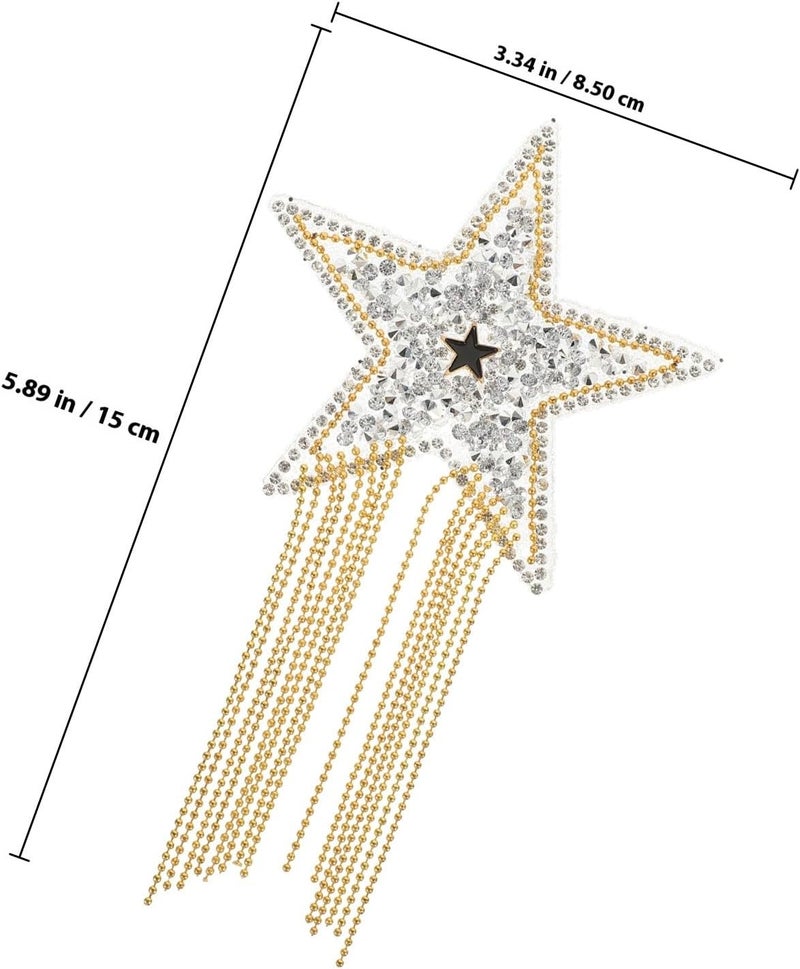 SHOWERORO Star Rhinestone DIY Patch with Tassel, Silver and Gold Beaded Iron-on Applique for Clothing, Hats, and Craft Repair Embellishments - Image 2