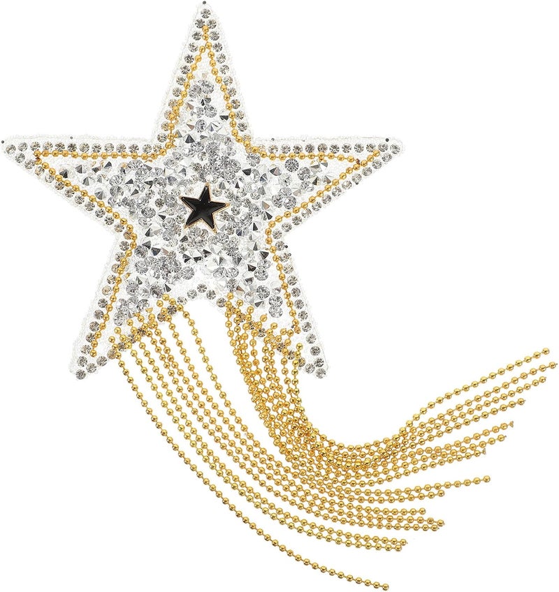 SHOWERORO Star Rhinestone DIY Patch with Tassel, Silver and Gold Beaded Iron-on Applique for Clothing, Hats, and Craft Repair Embellishments - Image 1