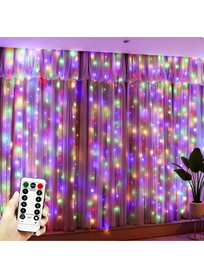 Multicolor LED Curtain Fairy Lights 3x3M - 8 Modes with Remote Control & USB Plug - Image 1