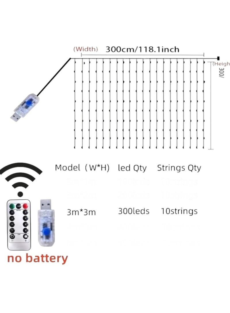 Multicolor LED Curtain Fairy Lights 3x3M - 8 Modes with Remote Control & USB Plug - Image 5