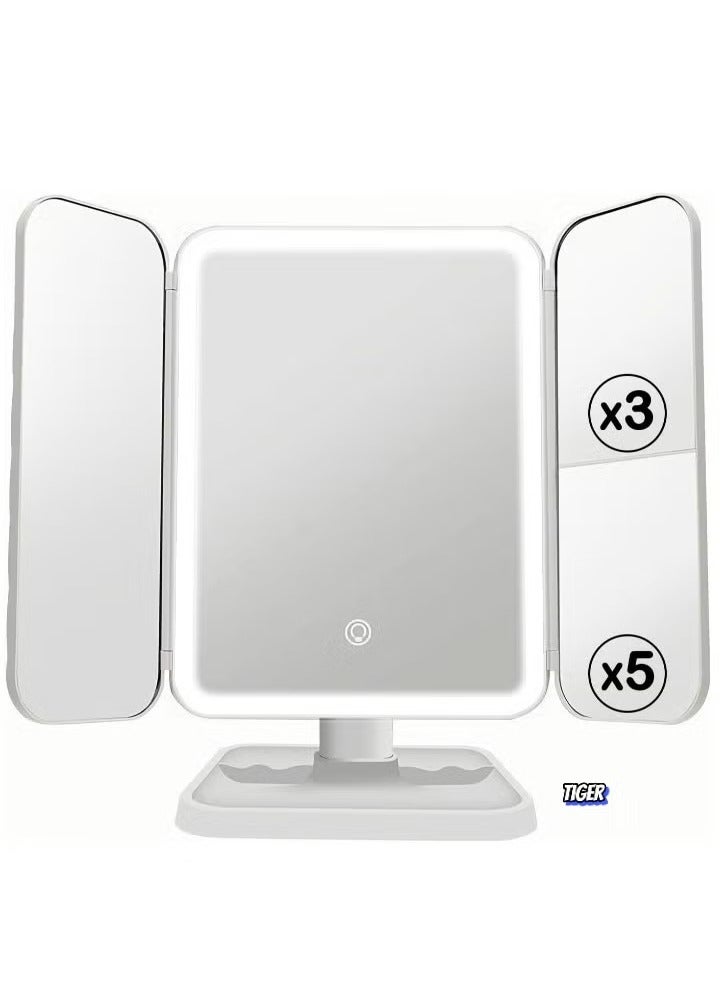 TIGER مرآة مكياج مضاءة قابلة للطي ثلاثية الطي مع تكبير 5X/3X/1X – 52 ضوء LED، تحكم باللمس، دوران قابل للتعديل 180°، مرآة تجميل محمولة وقابلة للطي لمكياج وعناية بالبشرة المثالية - Image 2