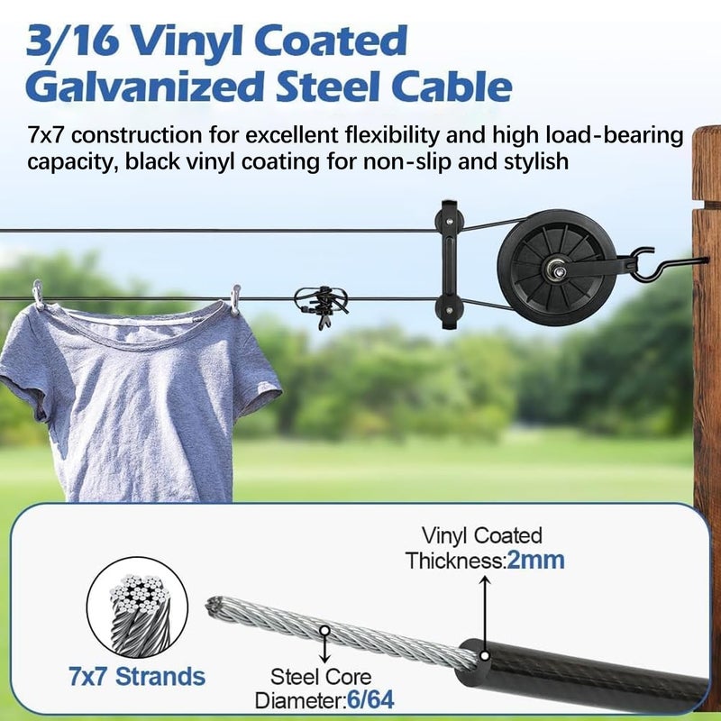 fshihine Outdoor Clothesline Kit, 150ft Black PVC Coated Galvanized Clothes Line Pulley Kit with 6.3" Clothesline Pulley, M8 Metal Hooks, 3Pcs Separator, Outdoor Clothes Line Heavy Duty - Image 3