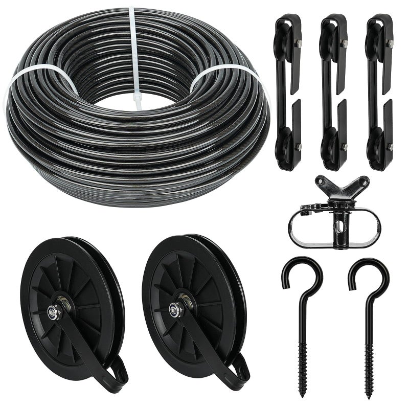 fshihine Outdoor Clothesline Kit, 150ft Black PVC Coated Galvanized Clothes Line Pulley Kit with 6.3" Clothesline Pulley, M8 Metal Hooks, 3Pcs Separator, Outdoor Clothes Line Heavy Duty - Image 1