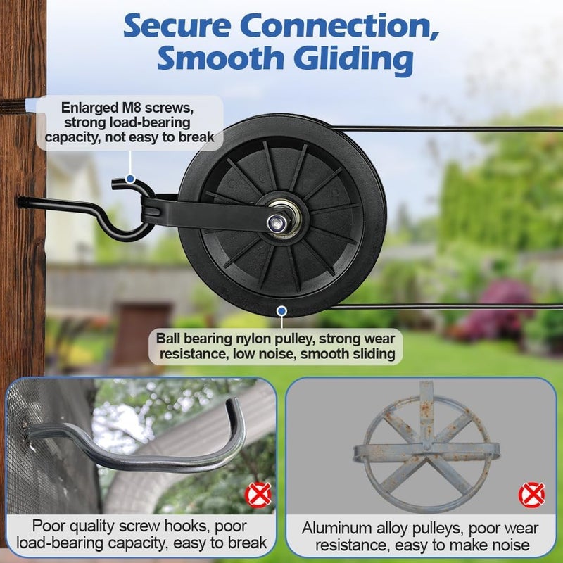 fshihine Outdoor Clothesline Kit, 150ft Black PVC Coated Galvanized Clothes Line Pulley Kit with 6.3" Clothesline Pulley, M8 Metal Hooks, 3Pcs Separator, Outdoor Clothes Line Heavy Duty - Image 4