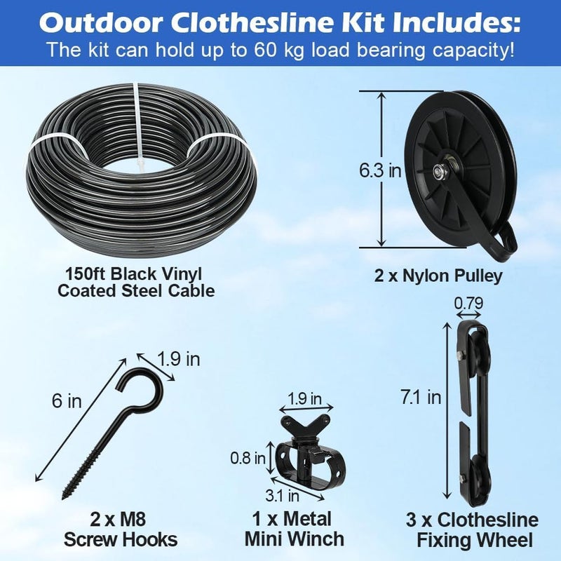 fshihine Outdoor Clothesline Kit, 150ft Black PVC Coated Galvanized Clothes Line Pulley Kit with 6.3" Clothesline Pulley, M8 Metal Hooks, 3Pcs Separator, Outdoor Clothes Line Heavy Duty - Image 2