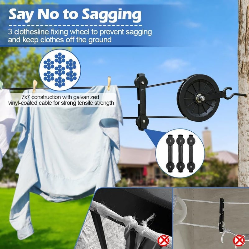 fshihine Outdoor Clothesline Kit, 150ft Black PVC Coated Galvanized Clothes Line Pulley Kit with 6.3" Clothesline Pulley, M8 Metal Hooks, 3Pcs Separator, Outdoor Clothes Line Heavy Duty - Image 5