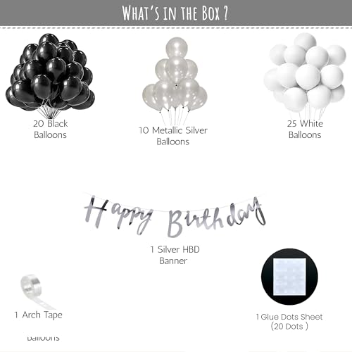 SpecialYou.in Black And White Theme Birthday Decoration Items Kit For Men With Silver Cursive Hbd Banner, Black,Metallic Silver And White Birthday Balloons And Party Decor- Set Of 58 Items - Image 3