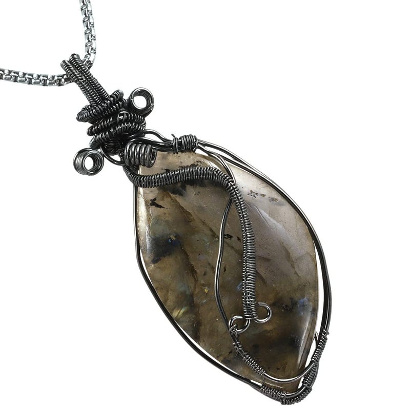 SUNYIK Natural Labradorite Pendant Necklace for Men Women, Irregular Handmade Wire Wrapped Crystal Necklace for Unisex - Image 2