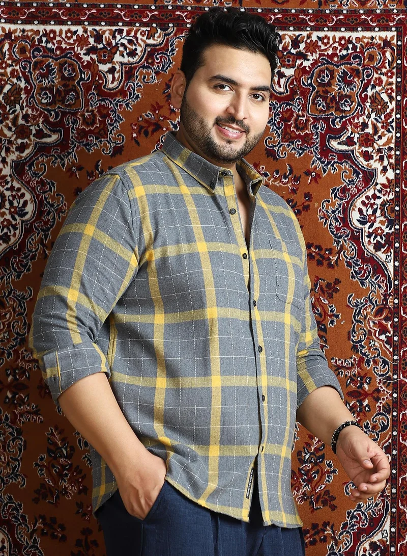 Instafab Plus  Instafab Plus Men's Moon Grey & Lemon Yellow Bi-Check Regular Shirt For Casual Wear | Spread Collar | Long Cuffed Sleeves | Button Closure | Plus Size Shirt Crafted With Comfort Fit For Everyday Wear for Men | Best Price UAE