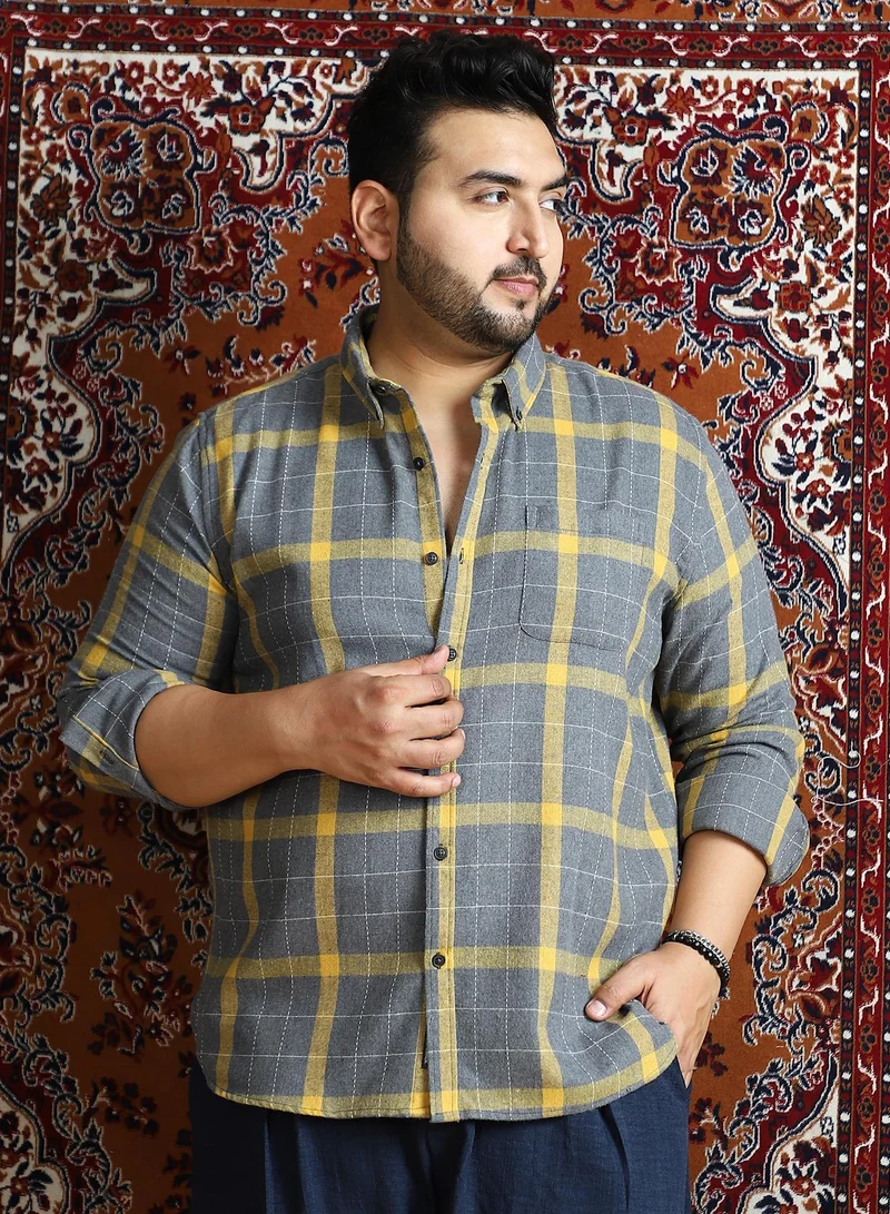 Instafab Plus Instafab Plus Men's Moon Grey & Lemon Yellow Bi-Check Regular Shirt For Casual Wear | Spread Collar | Long Cuffed Sleeves | Button Closure | Plus Size Shirt Crafted With Comfort Fit For Everyday Wear