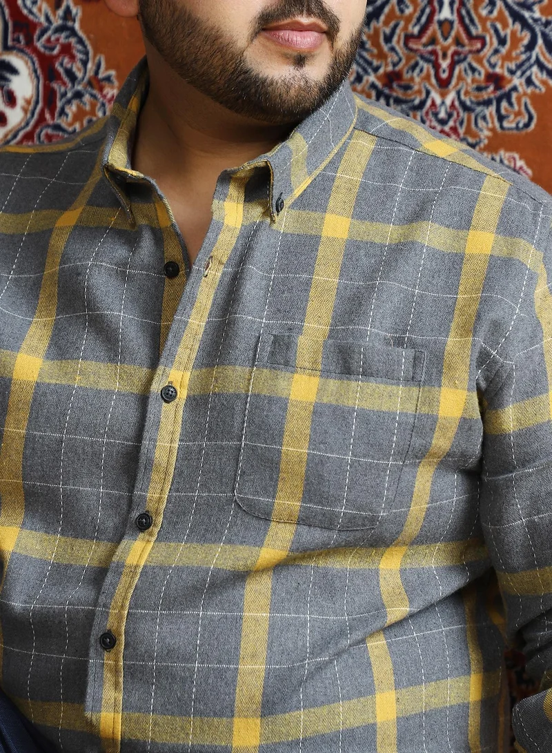 Instafab Plus  Instafab Plus Men's Moon Grey & Lemon Yellow Bi-Check Regular Shirt For Casual Wear | Spread Collar | Long Cuffed Sleeves | Button Closure | Plus Size Shirt Crafted With Comfort Fit For Everyday Wear for Men | Best Price UAE