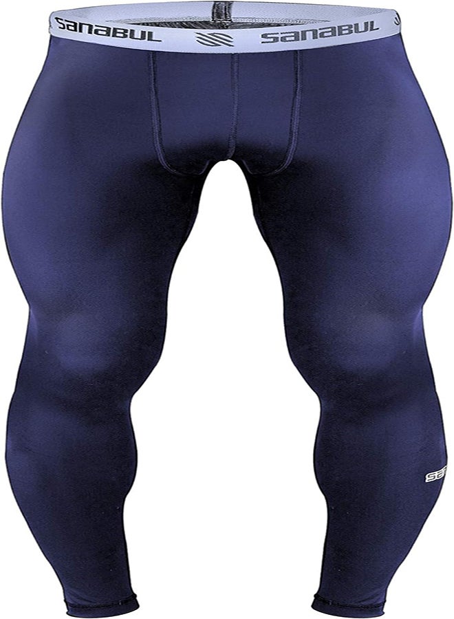 Essential Men’s Compression Pants – Workout Jiu Jitsu Leggings, Athletic & Running Tights, Medium, Navy Blue