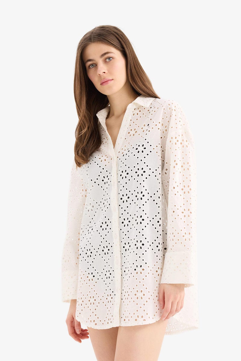 DeFacto White Woman Fall in Love Regular Fit Cotton Brode Beach Shirt Casual - Image 3
