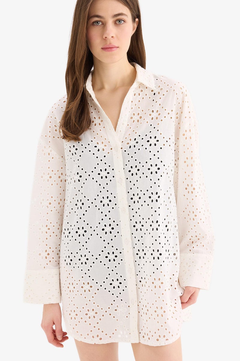 DeFacto White Woman Fall in Love Regular Fit Cotton Brode Beach Shirt Casual - Image 4