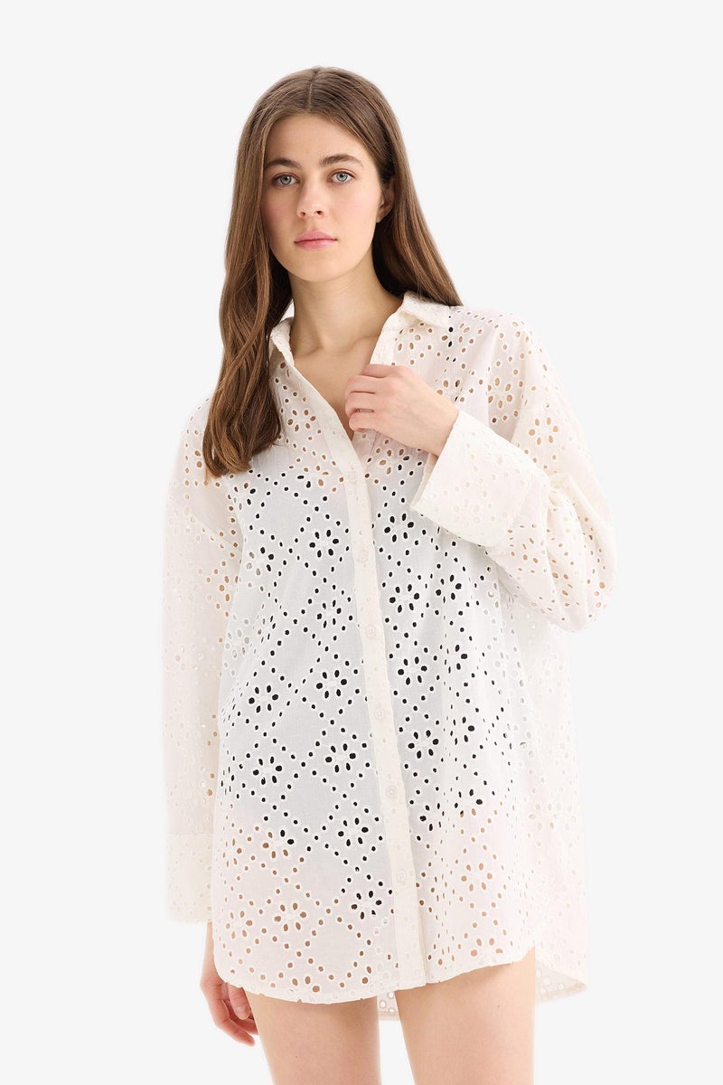 DeFacto White Woman Fall in Love Regular Fit Cotton Brode Beach Shirt Casual - Image 2
