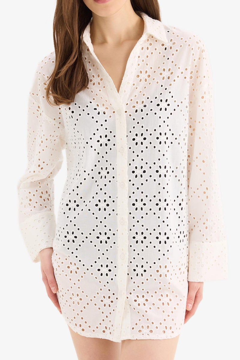 DeFacto White Woman Fall in Love Regular Fit Cotton Brode Beach Shirt Casual - Image 5