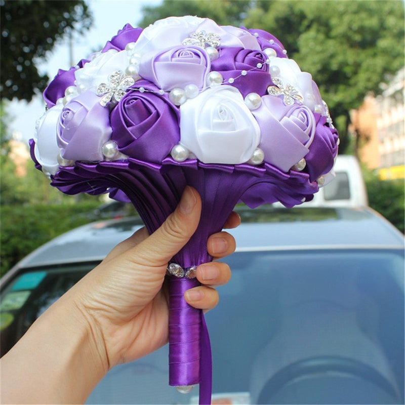 S-SSOY S_SSOY Wedding Bouquet Bride Bridal Brooch Bouquets Bridesmaid Bouquet Diamond Pearl Ribbon Valentine's Day Confession Party Church with Free Corsage Flower, Purple+Lilac+White - Image 3
