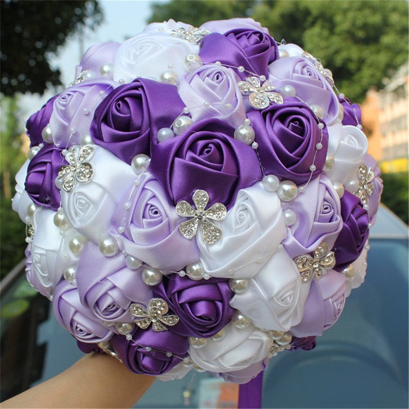 S-SSOY S_SSOY Wedding Bouquet Bride Bridal Brooch Bouquets Bridesmaid Bouquet Diamond Pearl Ribbon Valentine's Day Confession Party Church with Free Corsage Flower, Purple+Lilac+White - Image 2
