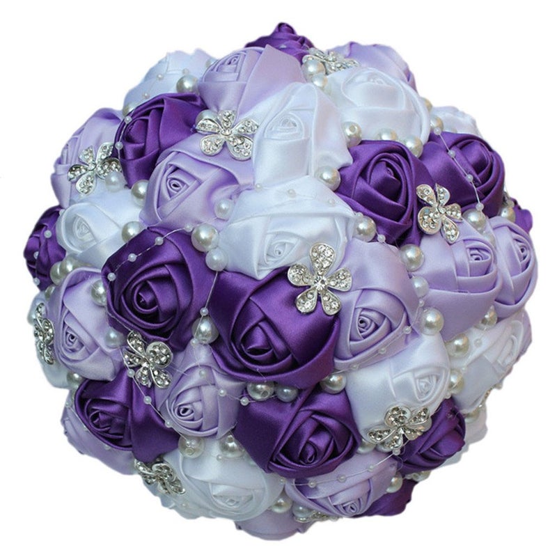 S-SSOY S_SSOY Wedding Bouquet Bride Bridal Brooch Bouquets Bridesmaid Bouquet Diamond Pearl Ribbon Valentine's Day Confession Party Church with Free Corsage Flower, Purple+Lilac+White - Image 1
