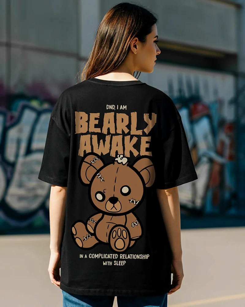 bewakoof Women's Black Bearly Awake Graphic Printed Oversized T-shirt