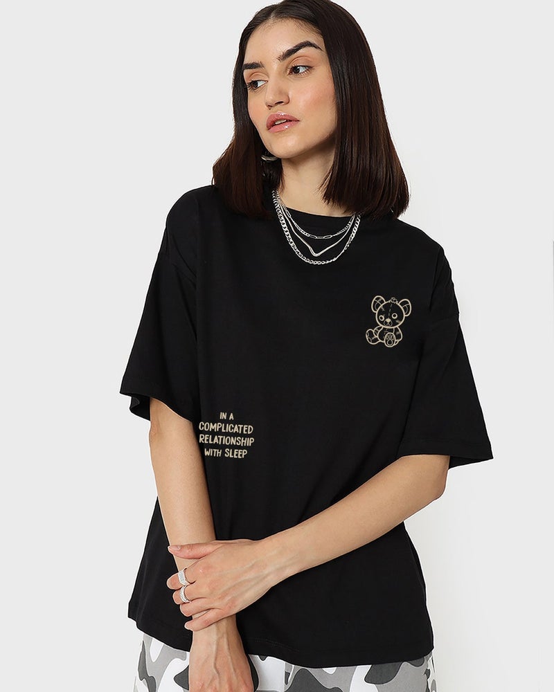 bewakoof Women's Black Bearly Awake Graphic Printed Oversized T-shirt - Image 1