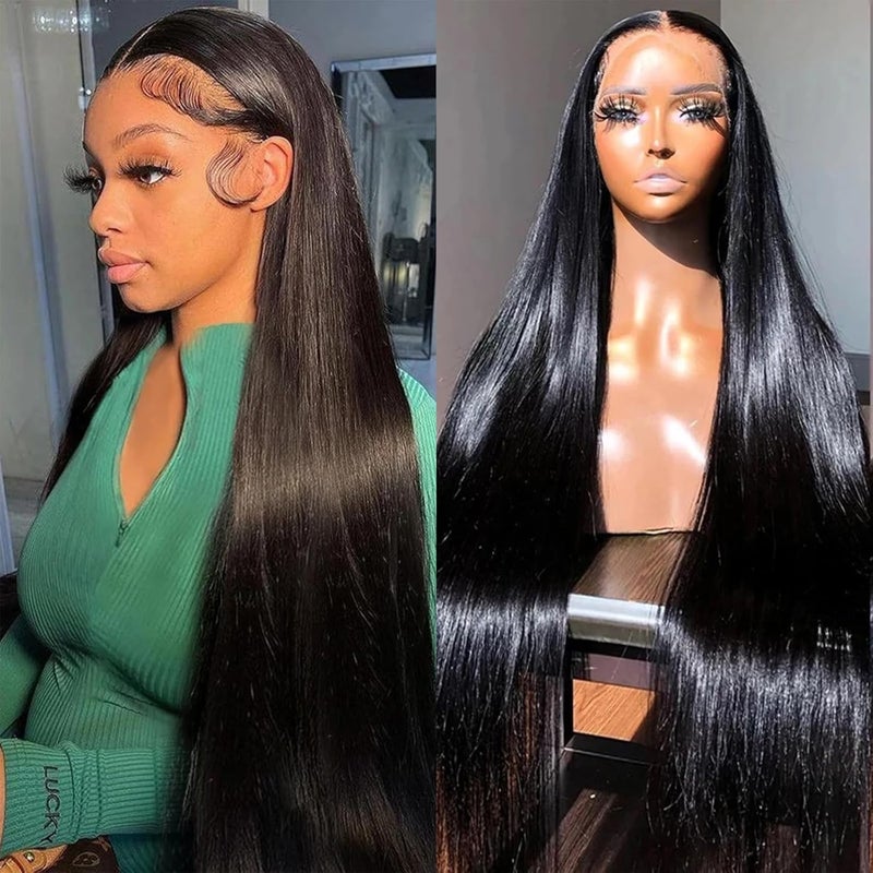 USUKUSI 28 بوصة شعر مستعار أمامي دانتيل مستقيم بشري مسبق التصفيف كثافة 200 13x6 بدون غراء دانتيل شفاف HD لشعر النساء بلون طبيعي