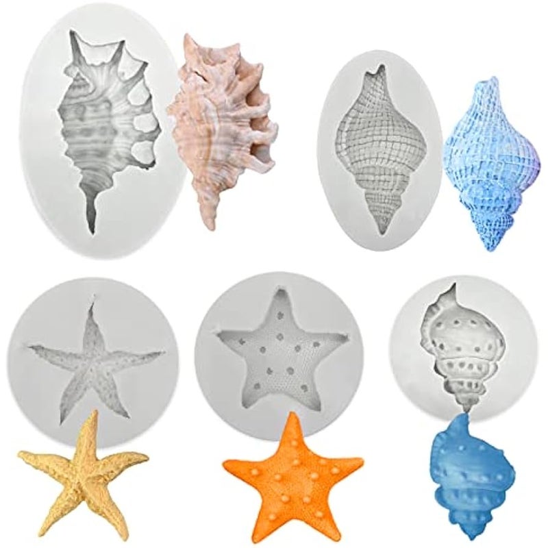 5 Pcs Seashell Starfish Silicone Mold Cake Fondant Silicone Mold Seashell Conch Baking Moldsfor DIY Cake Decoration Chocolate Candy Polymer Clay Crafting Projects - Image 1