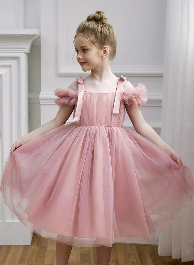 تايك تو فستان حفلات شبكي للفتيات بطبعة زهور وتفاصيل فيونكة على الكتف