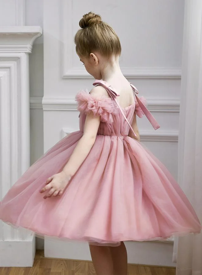 تايك تو فستان حفلات شبكي للفتيات بطبعة زهور وتفاصيل فيونكة على الكتف