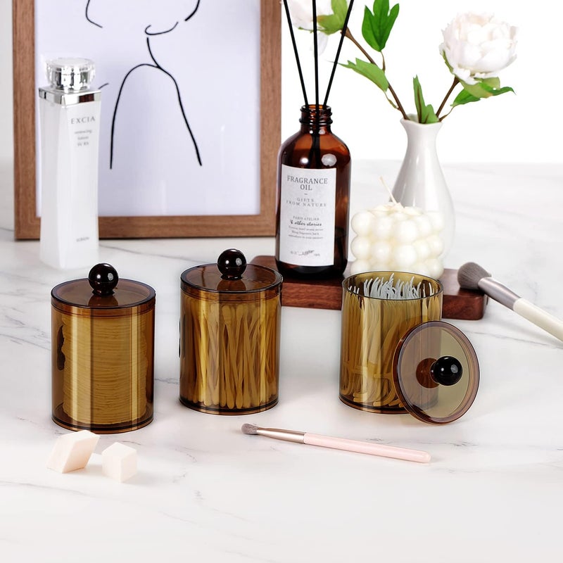 SheeChung 6 Pack Qtip Dispenser Apothecary Jars Bathroom with Labels - Qtip Holder Storage Canister Clear Plastic Acrylic Jar for Cotton Ball, Swab, Rounds,Floss Picks, Hair Clips (Amber) - Image 3