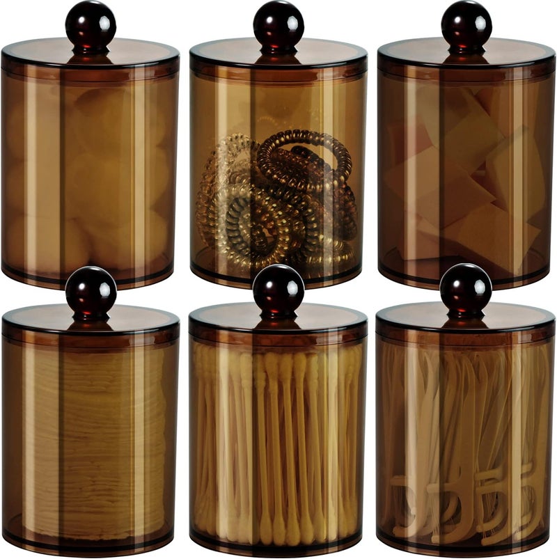 SheeChung 6 Pack Qtip Dispenser Apothecary Jars Bathroom with Labels - Qtip Holder Storage Canister Clear Plastic Acrylic Jar for Cotton Ball, Swab, Rounds,Floss Picks, Hair Clips (Amber) - Image 1