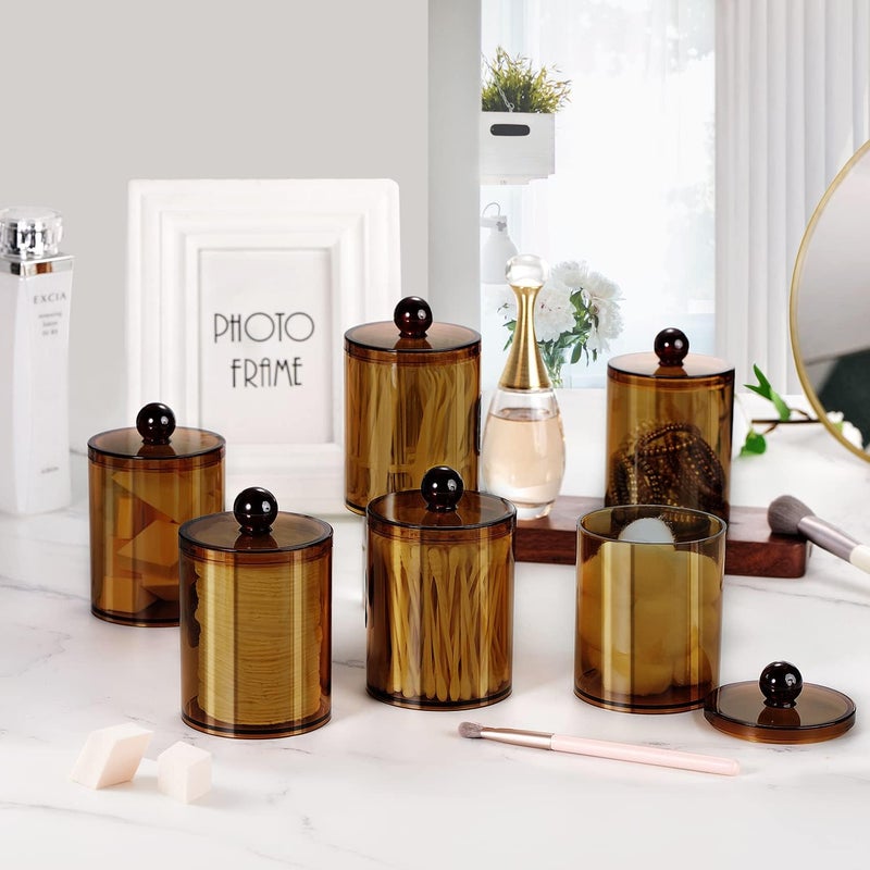 SheeChung 6 Pack Qtip Dispenser Apothecary Jars Bathroom with Labels - Qtip Holder Storage Canister Clear Plastic Acrylic Jar for Cotton Ball, Swab, Rounds,Floss Picks, Hair Clips (Amber) - Image 4
