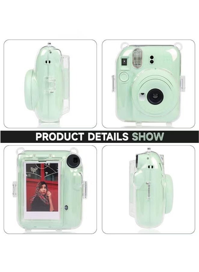 3 Pack Clear Camera Case Compatible with Fujifilm Instax Mini 12 Instant Camera, Mini 12 Hard Case with Photo Pocket Holds on Back and Adjustable Shoulder Strap & Cute Camera Sticker (Green)  - Image 4