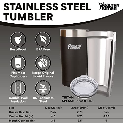Healthy Human Stainless Steel Tumbler with Straw | Splash Proof Insulated Travel Cruiser Cup | Eco-Friendly Coffee Tumblers with Straws Cleaner & Splash Proof Lid (12oz, Pure Black) - Image 4