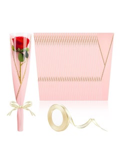 Apustim 50Pcs Single Rose Flower Set Plus A Plate Of 22m Ribbon Set，Flower Packaging Bag，Single Flower Packaging Bag，Suitable For Wedding，Birthday，Florist Supplies Mother's Day （Pink）  - Image 1
