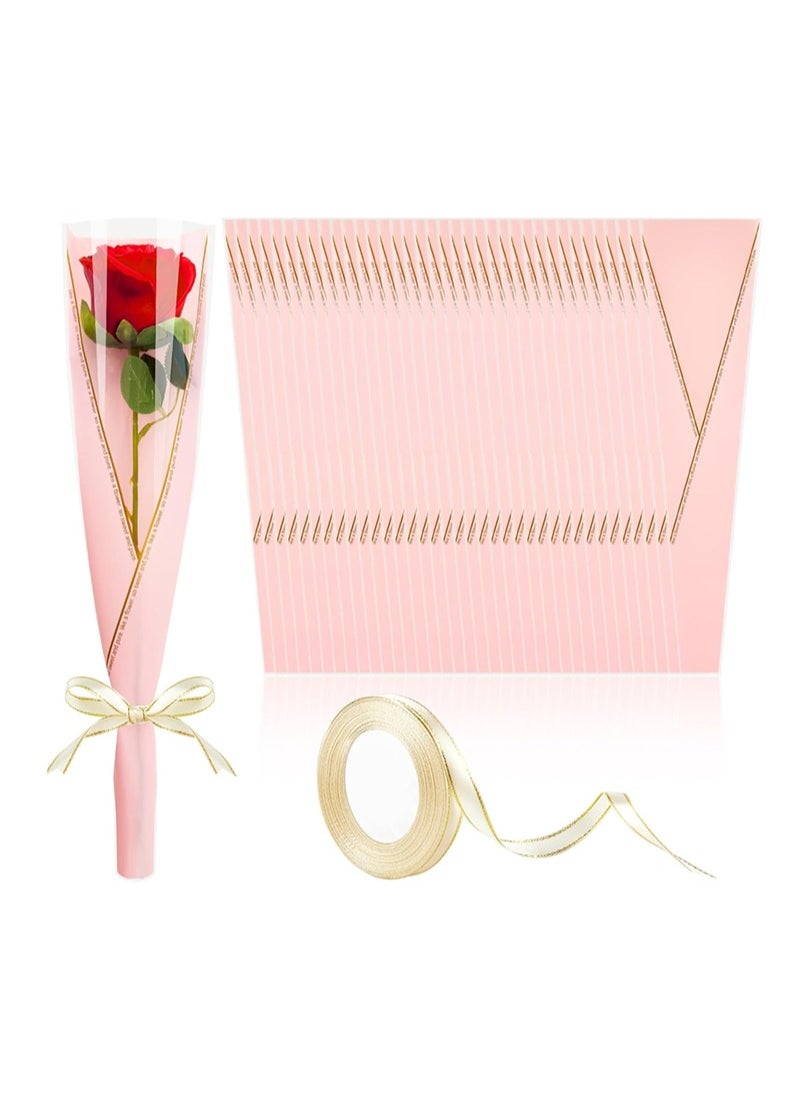 Apustim 50Pcs Single Rose Flower Set Plus A Plate Of 22m Ribbon Set，Flower Packaging Bag，Single Flower Packaging Bag，Suitable For Wedding，Birthday，Florist Supplies Mother's Day （Pink）  - Image 1